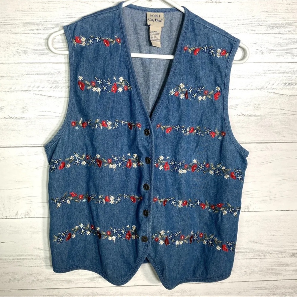 Vintage 80s Denim Vest Embroidered Floral Size M Cotton